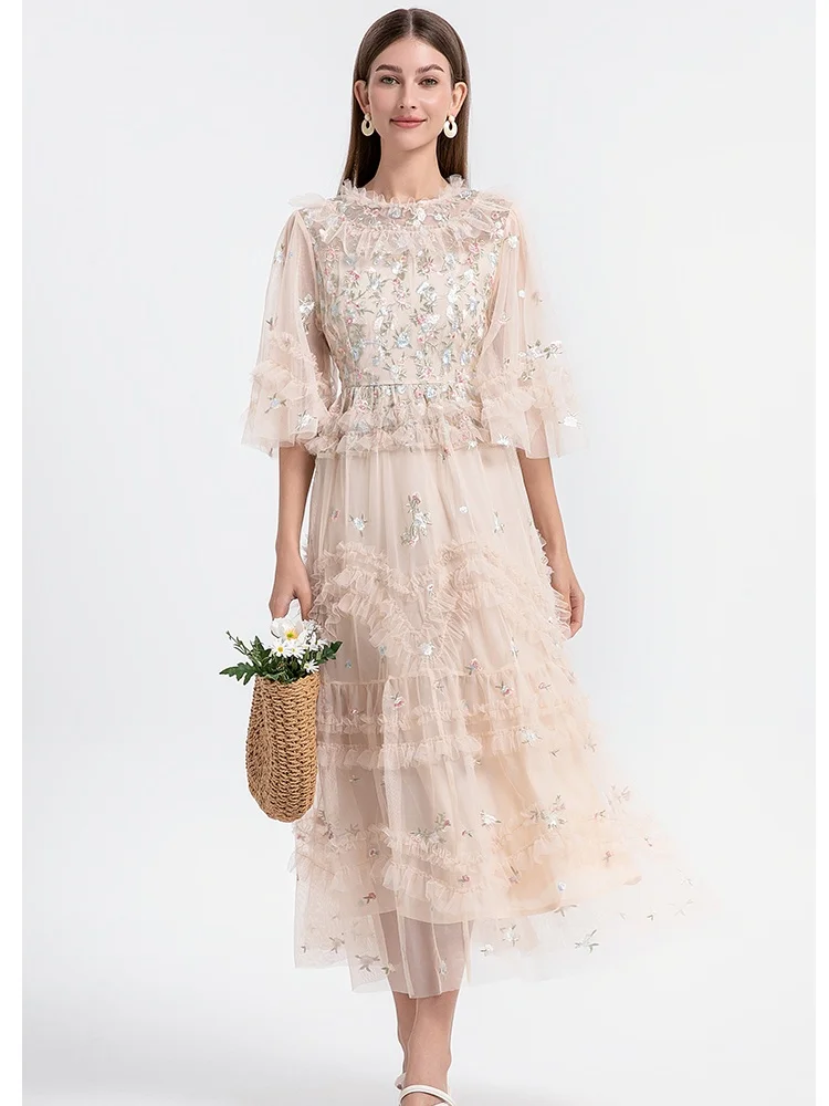 

Mesh Embroidered Flowers Dresses For Women O Neck Half Sleeve Temperament Chic Dress Female Fashion Style New Clothes