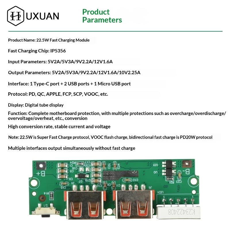 Modulo di ricarica rapida da 22,5 W per Power Bank fai da te PD QC VOOC Protezione del circuito della scheda caricabatteria al litio da 3,7 V con display a LED