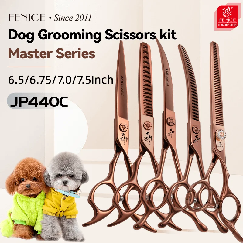 Fenice 6.5/6.75/7/7.5 Inch JP440C Terracotta Pet Dogs Grooming Scissors Kit Straight Curved Thinner Chunker Shears for Dogs Cats