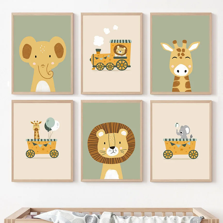 

Elephant Lion Giraffe Balloon Train Nursery Wall Art Canvas Painting Cartoon Animals Posters Print Pictures Baby Kids Room Decor