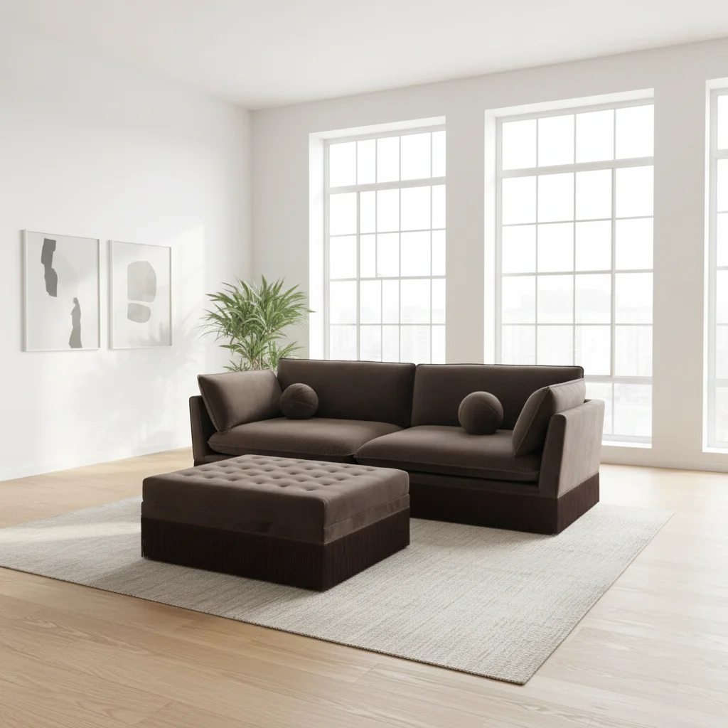 &Brown Velvet Sofa and a Separate Tufted Ottoman