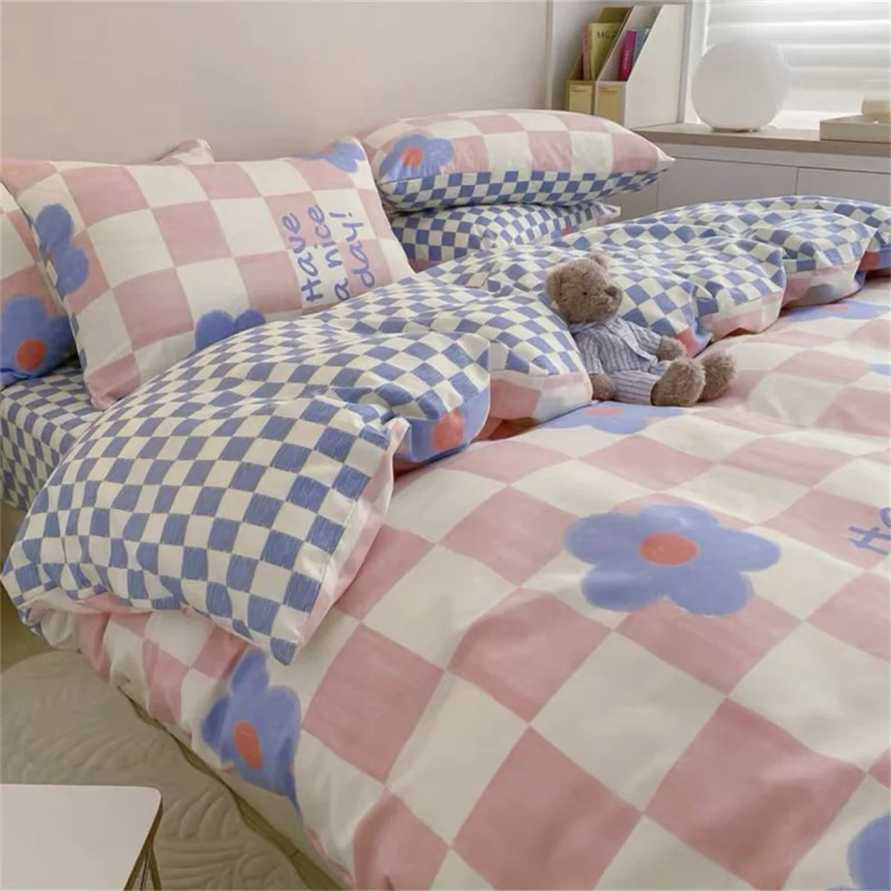 INS Pink Checkerboard Flower Duvet Cover Sets With Pillowcases Flat Sheet Kids Girls Boys Full Queen Twin Size Girls Bedding Kit