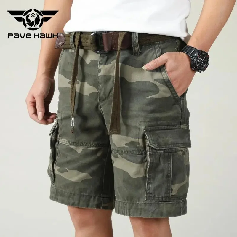 Men Camouflage Shorts Summer Bermudas Cotton Tactic with Belt Multi-pocket Straight Trousers Climbing Camping Hunting