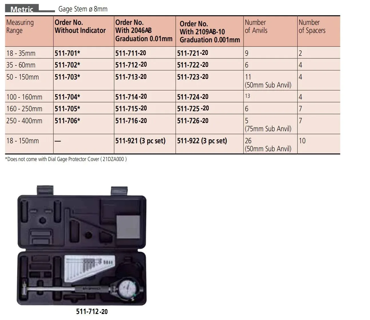 Mitutoyo 511-702 Alcance de 35-60 mm sin indicador de dial Calibre de orificio