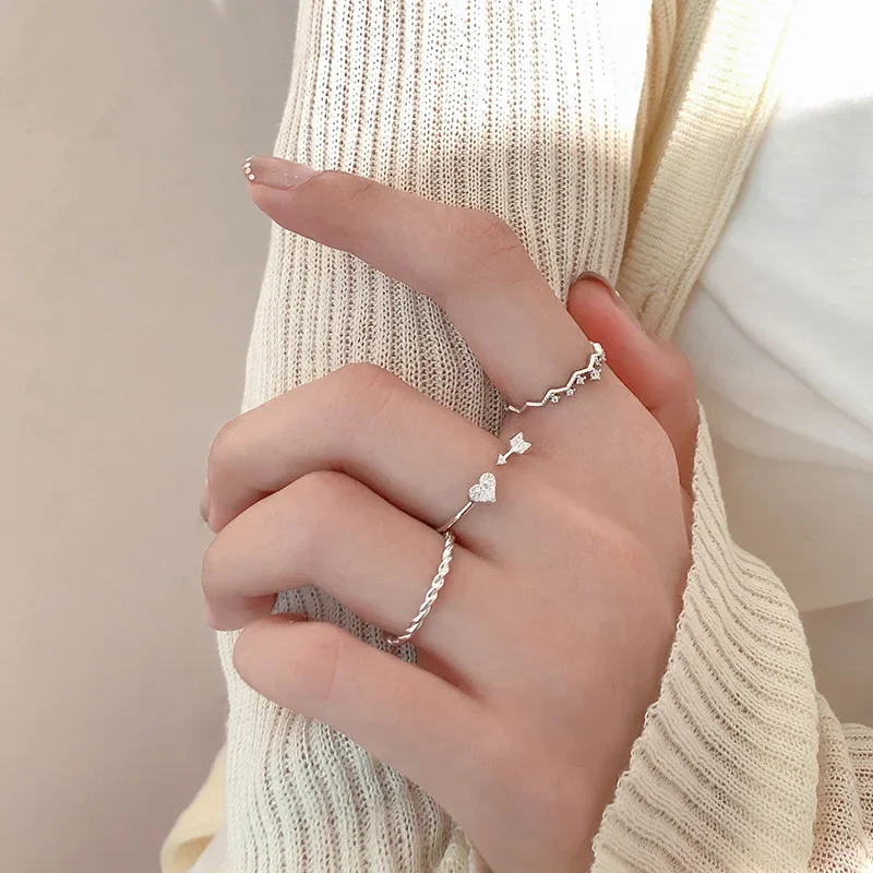 Rhinestone Wave Geometric Ring Opening Adjustable Simple Niche Personality Fashion Twist Love Arrow Ring for Women