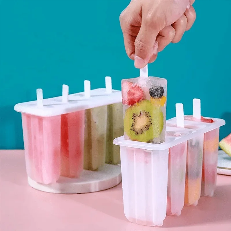 Popsicle Molds Ice Pop Maker Tray Plastic Homemade DIY Frozen Treat Kit For Summer Snack Ice Cream 4 Cavity Kitchen Tool Kit Pro