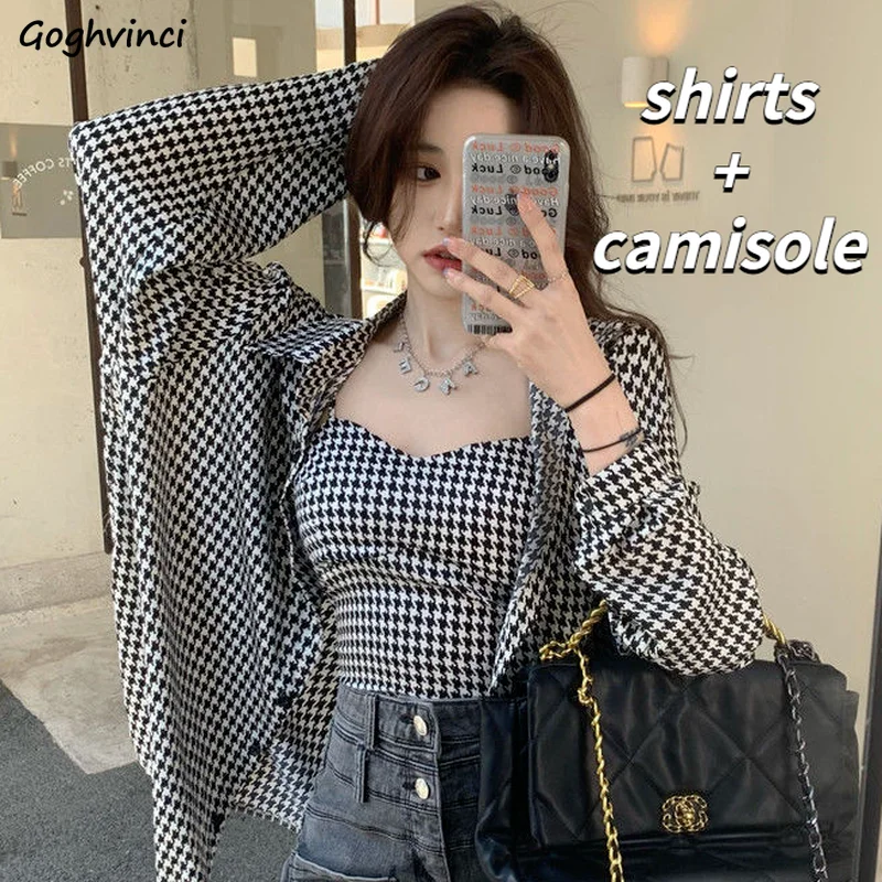 Sets Women 2 Pieces All-match Plaid Long Sleeve Shirts Cropped Camisole Sexy Sun-proof Ulzzang New Fashion Classy Ins Female Y2k