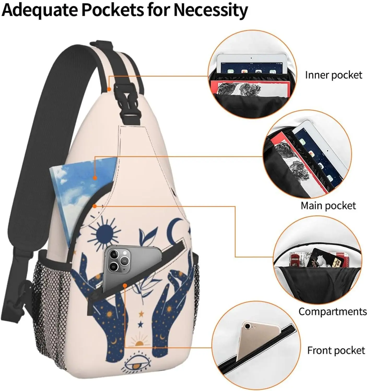 Sling Bag for Men Women Magic Tarot Sun Moon Hand Crossbody Backpack Casual Hiking Daypack for Travel Sport Running Chest Bag