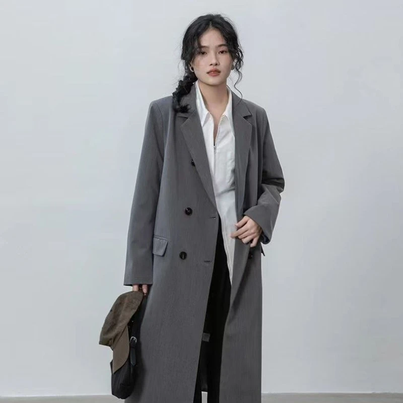 Trench lungo elegante semplice allentato da donna Blazer nuovo arrivo primavera autunno cappotto doppiopetto di alta qualità Harajuku