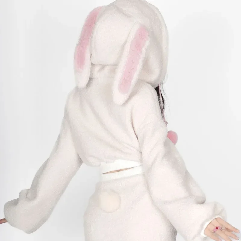 

2025 Sweet Bunny Hooded Plush Fuzzy Short Skirt Set for Women Lolita Style Hot Rabbit Ears Hooded Zipper Slim Skirt Suit Clothes