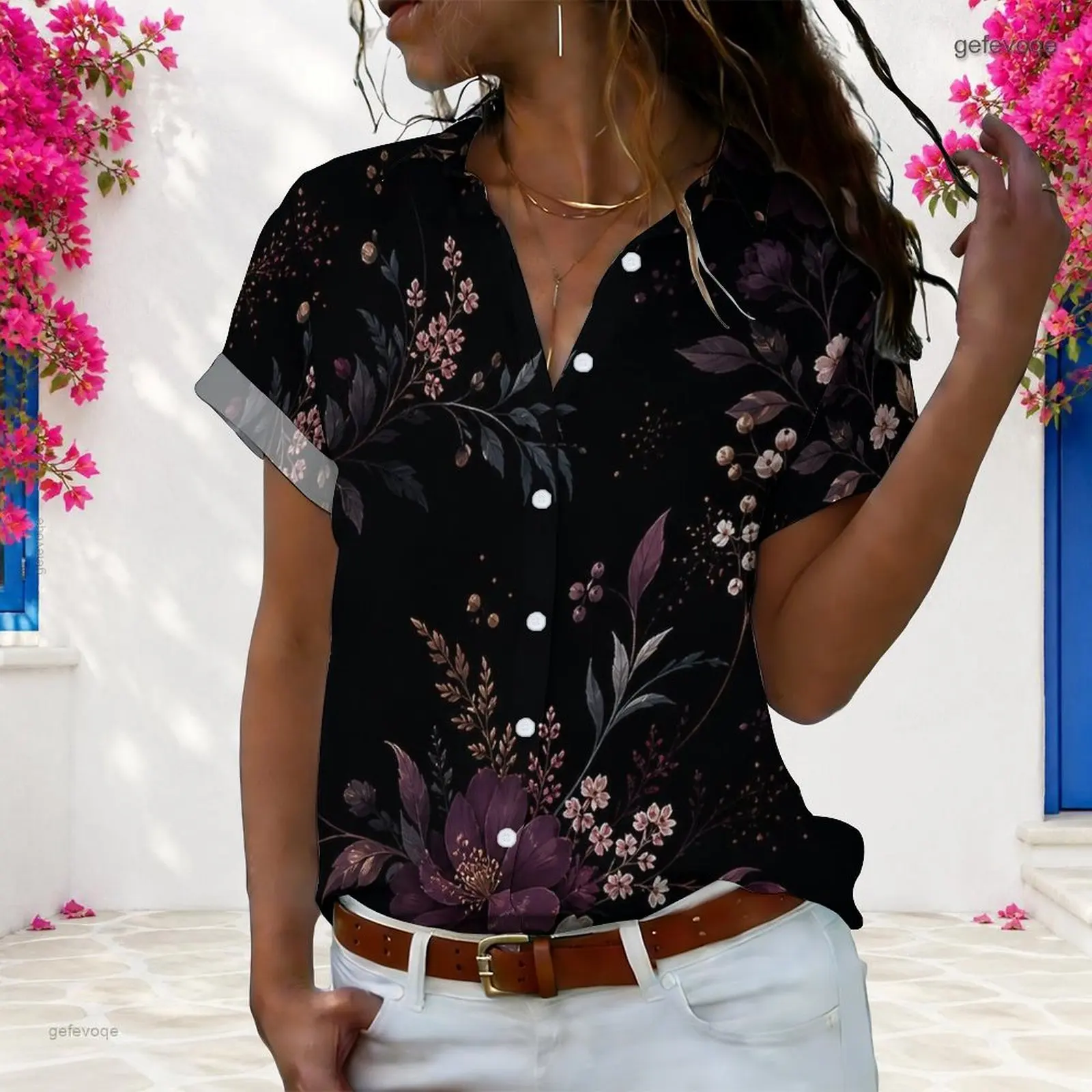 Women Black Dark Purple Floral Printed Short Sleeve Collared Button Front Shirt