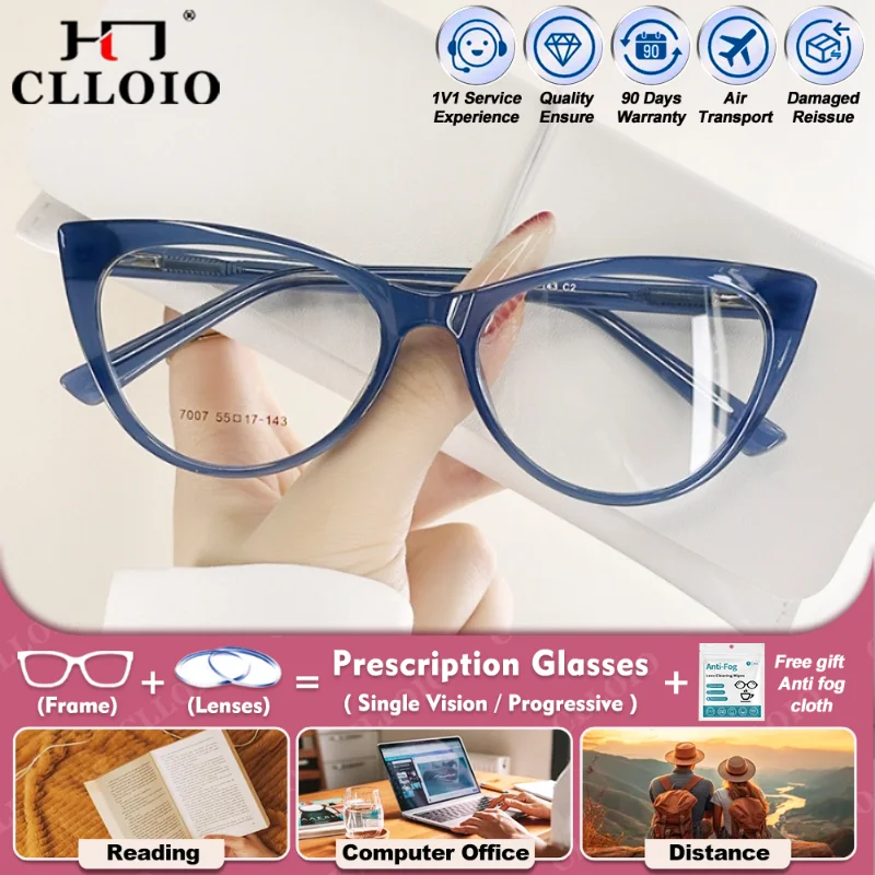 

CLLOIO Fashion Cat Eye Myopia Optical Photochromic Glasses For Women Blue Light Filter Progressive Reading Prescription Eyeware
