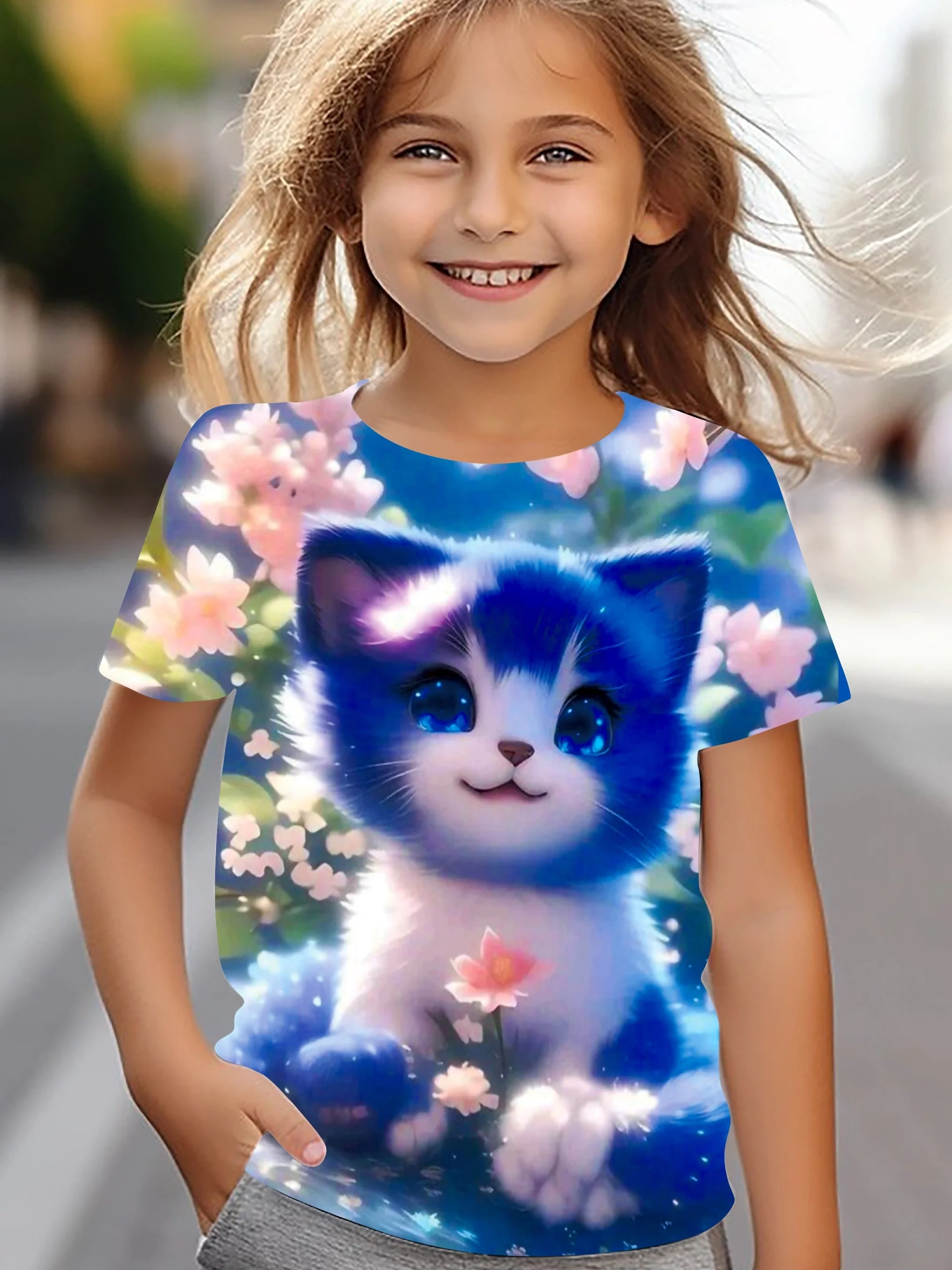 

﻿Girl Clothes 3D Cat Graphic T Shirts Children's Clothing Short Sleeve T-Shirt Girl Boy Crew Neck Clothes Fashion Child T Shirt