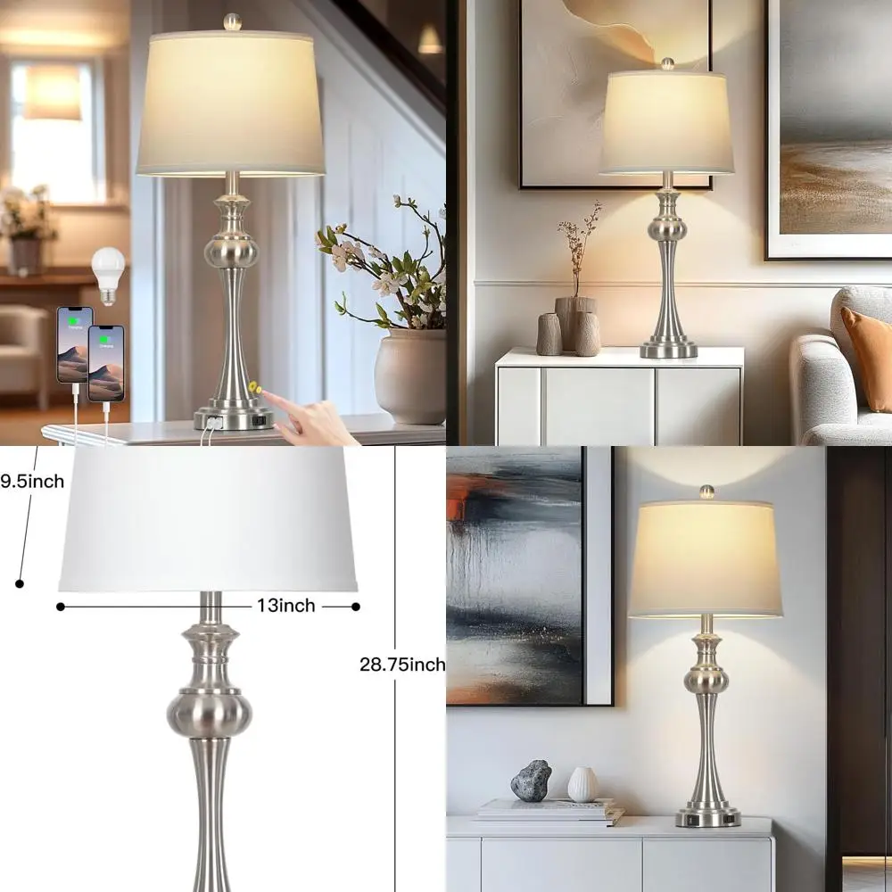 

Modern 3-Way Touch Control Silver Table Lamp, LED Included, Suitable for Living Room, Bedroom, and Office