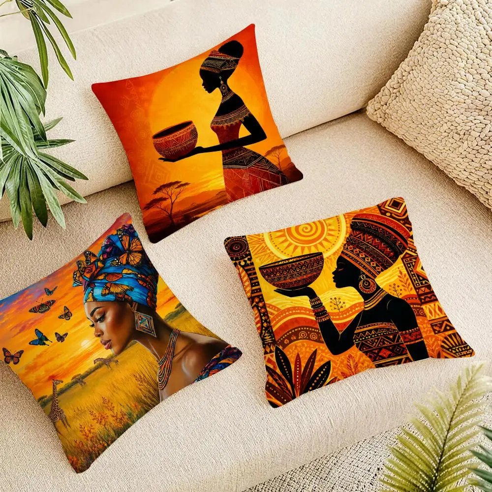 African Tribal Woman Cushion Cover Natural Linen Organic Fabric Double-Sided Printing Breathable For Home Decor