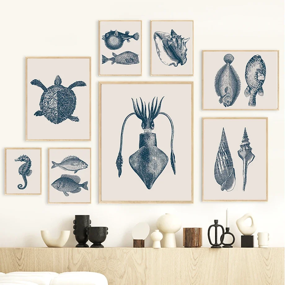 Multi-size 1PC frameless high-definition decorative paintings,Seahorse Octopus Jellyfish Crab Vintage Marine Life Wall Art Print