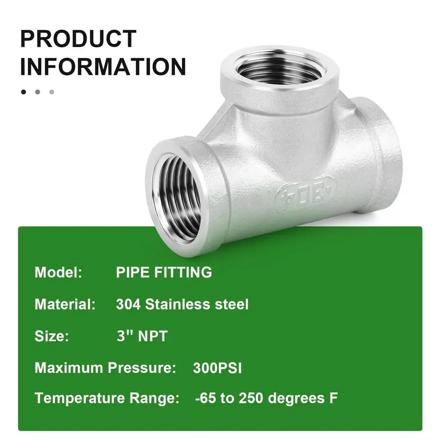 1 個の 304 ステンレス鋼ティーパイプ継手、3 x 3 x 3 NPT メスパイプ継手
