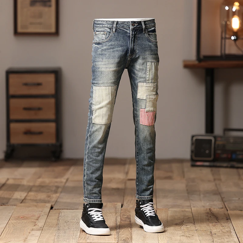 

Patchwork Retro Street Jeans Men's Skinny Straight Stretch American Style Trend Irregular Patch Design Trousers