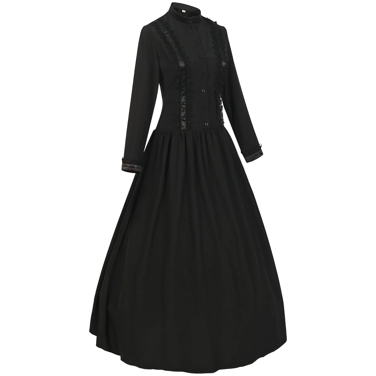 فستان نسائي قوطي عتيق أسود فستان حفلات عصر النهضة الفيكتوري بأكمام طويلة وزر عالي الخصر مطوي فستان الهالوين