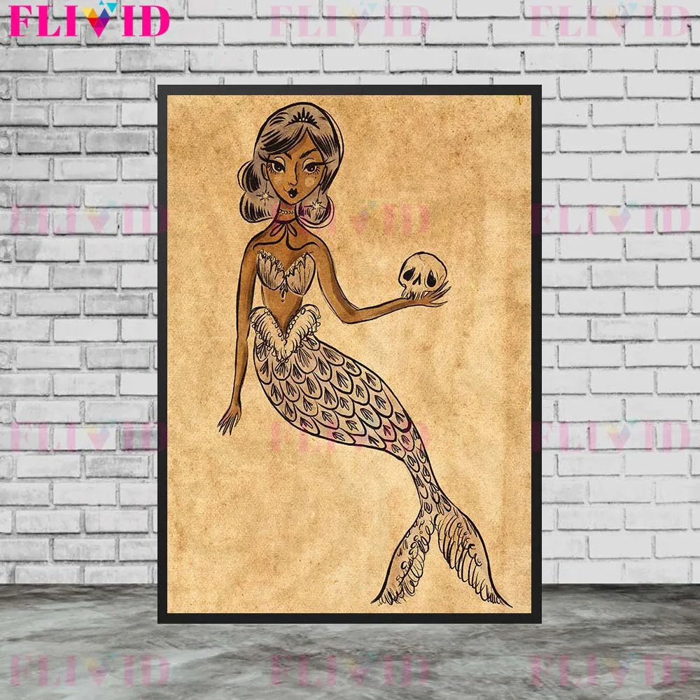 Roses Offered By Witches And Magic Woven Net Vintage Wall Art Canvas Painting Batgirl,Mermaid,Wizarding Cat Poster Print Decor