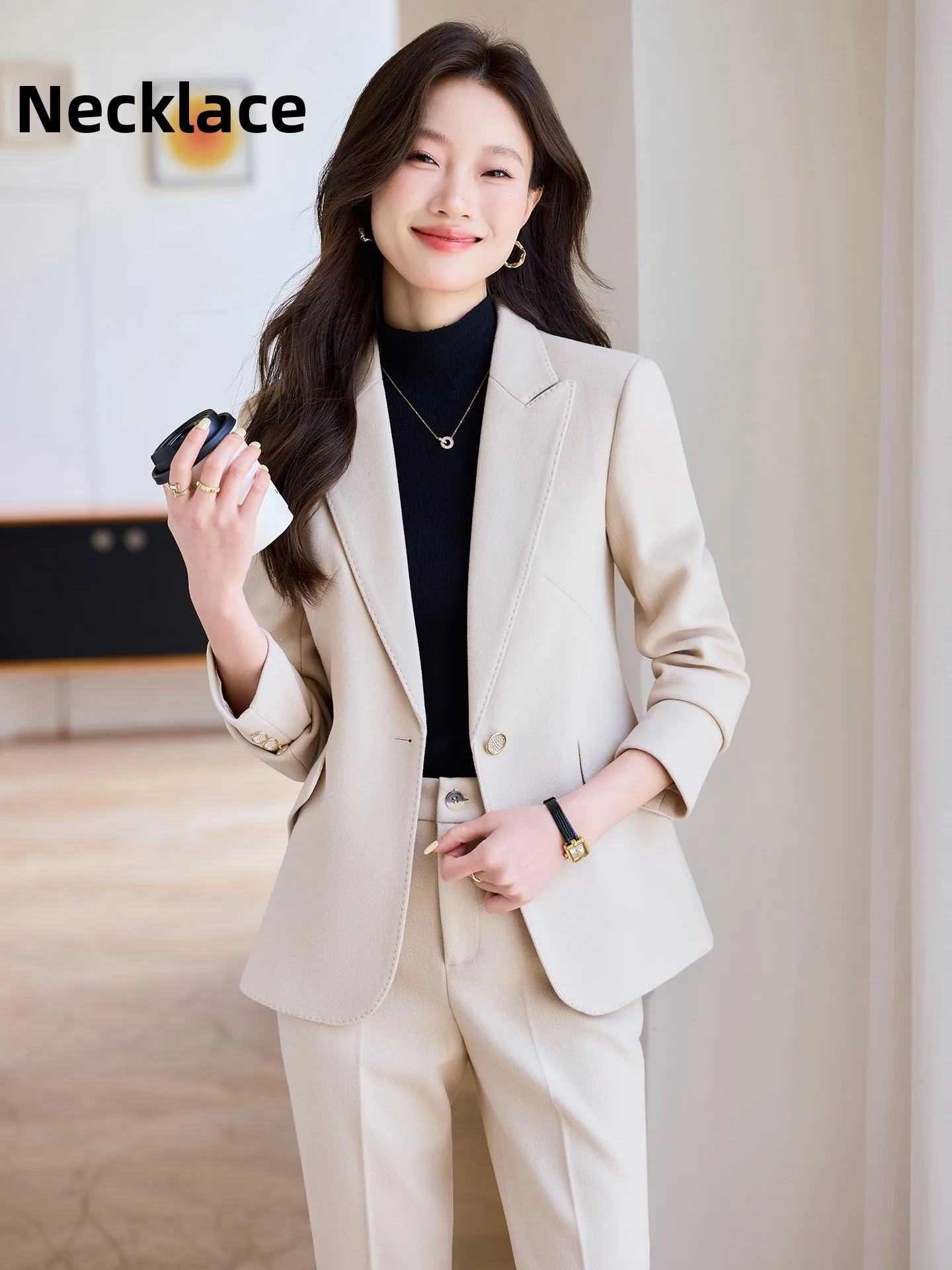 Elegant Beige Women's Suit Jacket 2026 New Fashion Spring Autumn Jewelry Store Professional Interview Outfit Set Polyester Fiber
