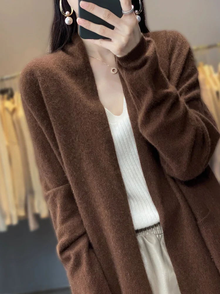 100% Merino Wool Spring Autumn Women\'s Cardigan Long Sleeve Sweater Solid Color Loose Warm Knitwear Fashion Female Long Coat