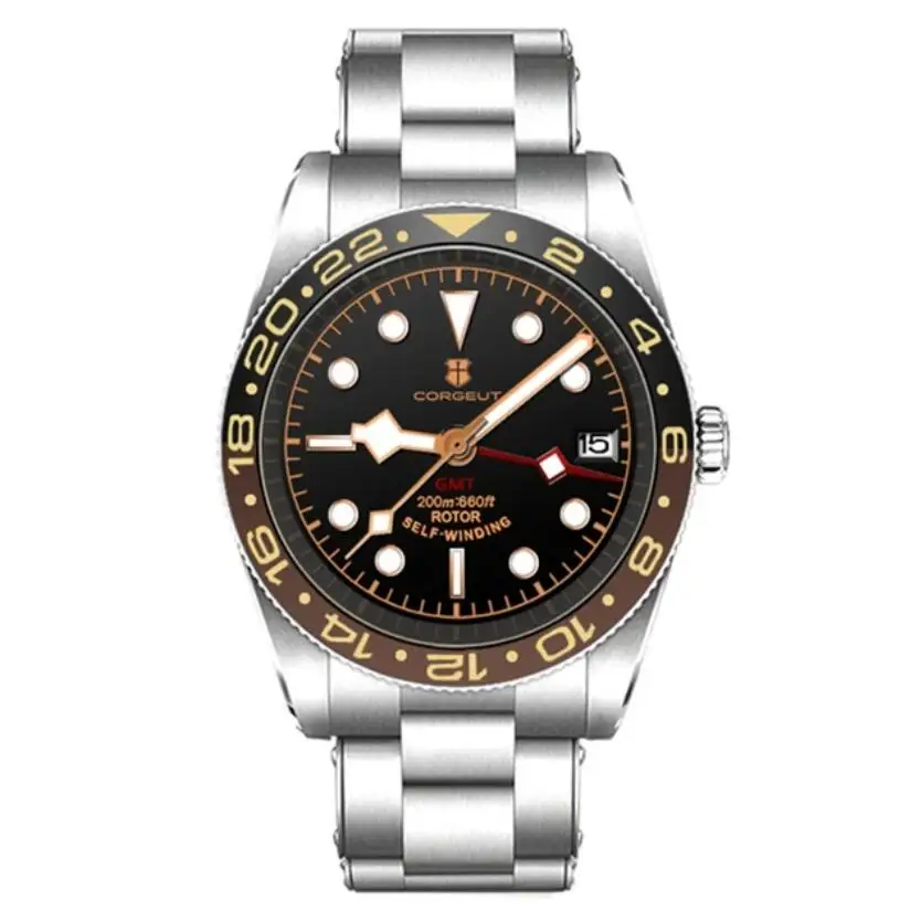 

39MM CORGEUT NH34 GMT Watch Business Luxury Men Watches Sapphire Glass Automatic Mechanical Waterproof Diving Date Watch black d