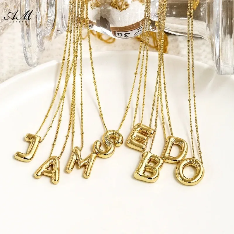 Gold Plated Copper Chunky Alphabet Balloon Bubble Initial Letter Pendant Necklace for Women Men Boy Personalized Fashion Jewelry