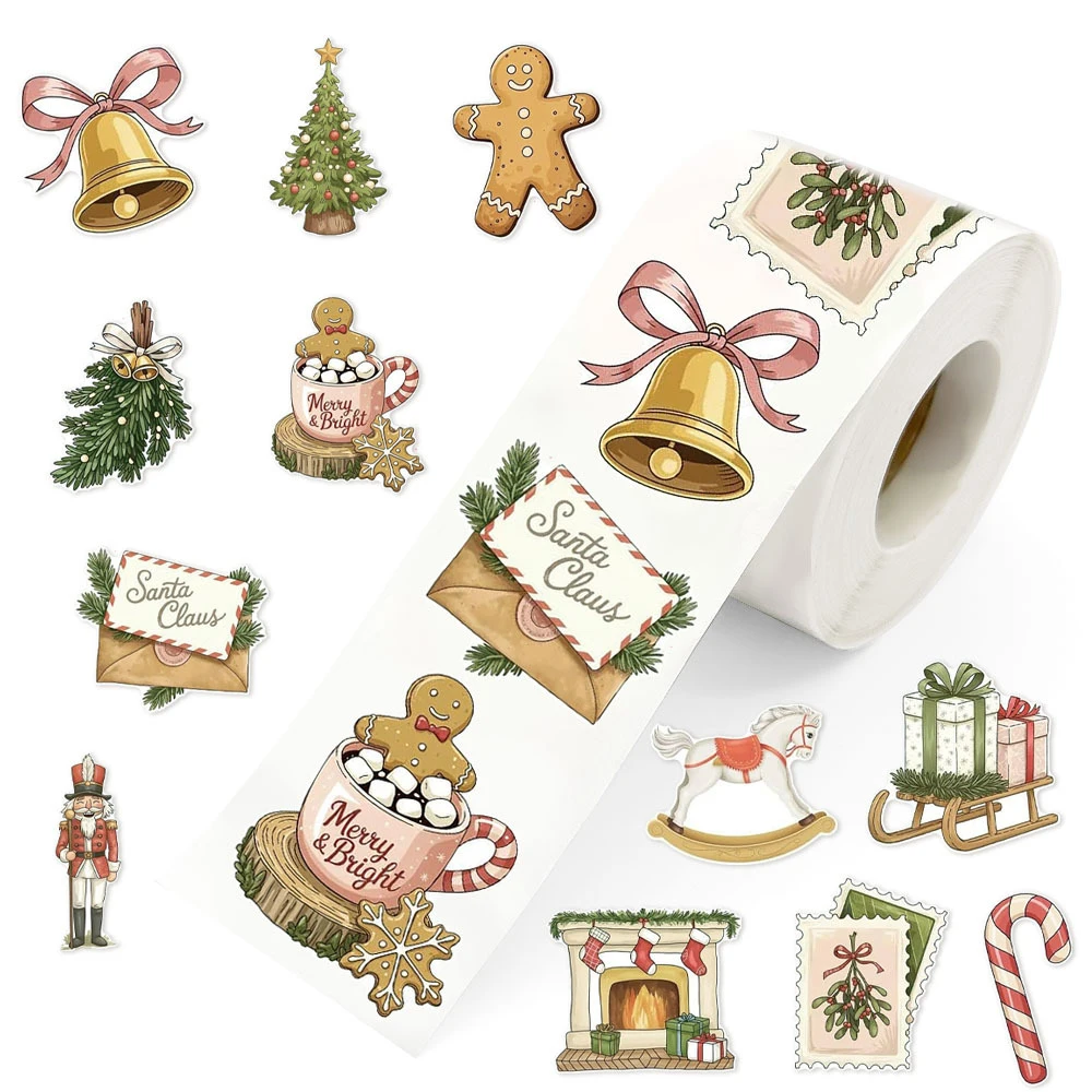 500Pcs Christmas Stickers Roll Santa Claus Snowman Tree Seal Waterproof Self-Adhesive Decals For Gift Wrapping Envelope Journal