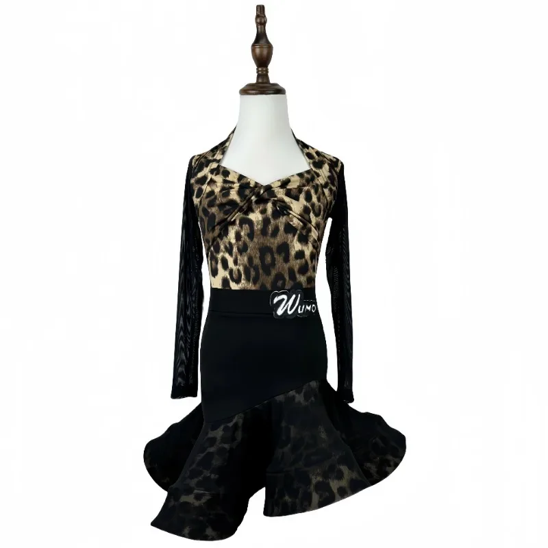 

customized girls' professional Latin dance training suit leopard print large skirt split high-end set latin dance dress women