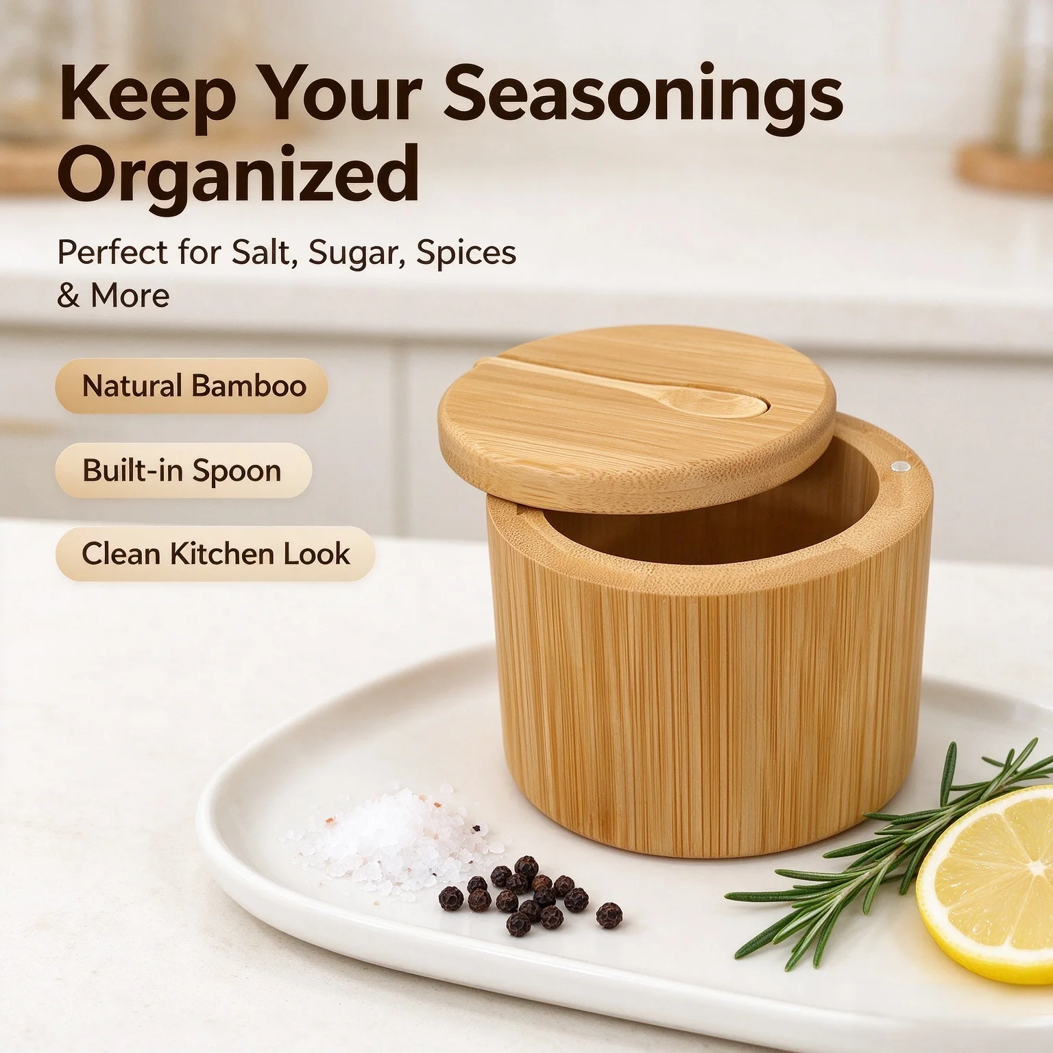 Bamboo Seasoning Jar, Salt Pepper Sugar Condiment Storage Box with Lid, Kitchen Spice Container with Built-in Spoon