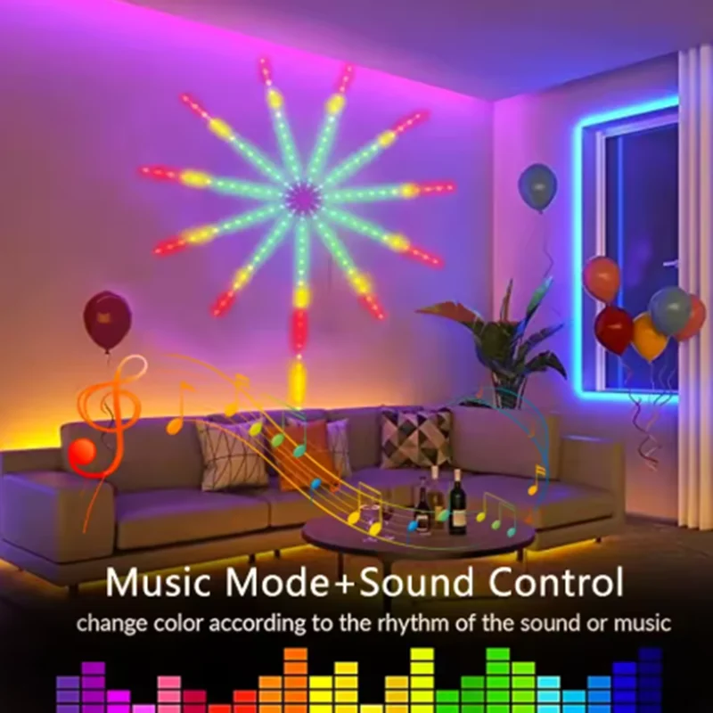 RGB LED Firework Strip Lights String Festoon Lamp Remote Control Color Changing Lights Sync Music Party Atmosphere Decoration
