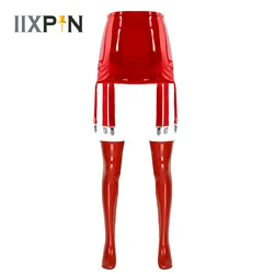 Womens Wet Look Patent Leather Garter Belt with Stockings Lingerie Set High Waist Skirt Suspender Thigh High Socks Sexy Clubwear