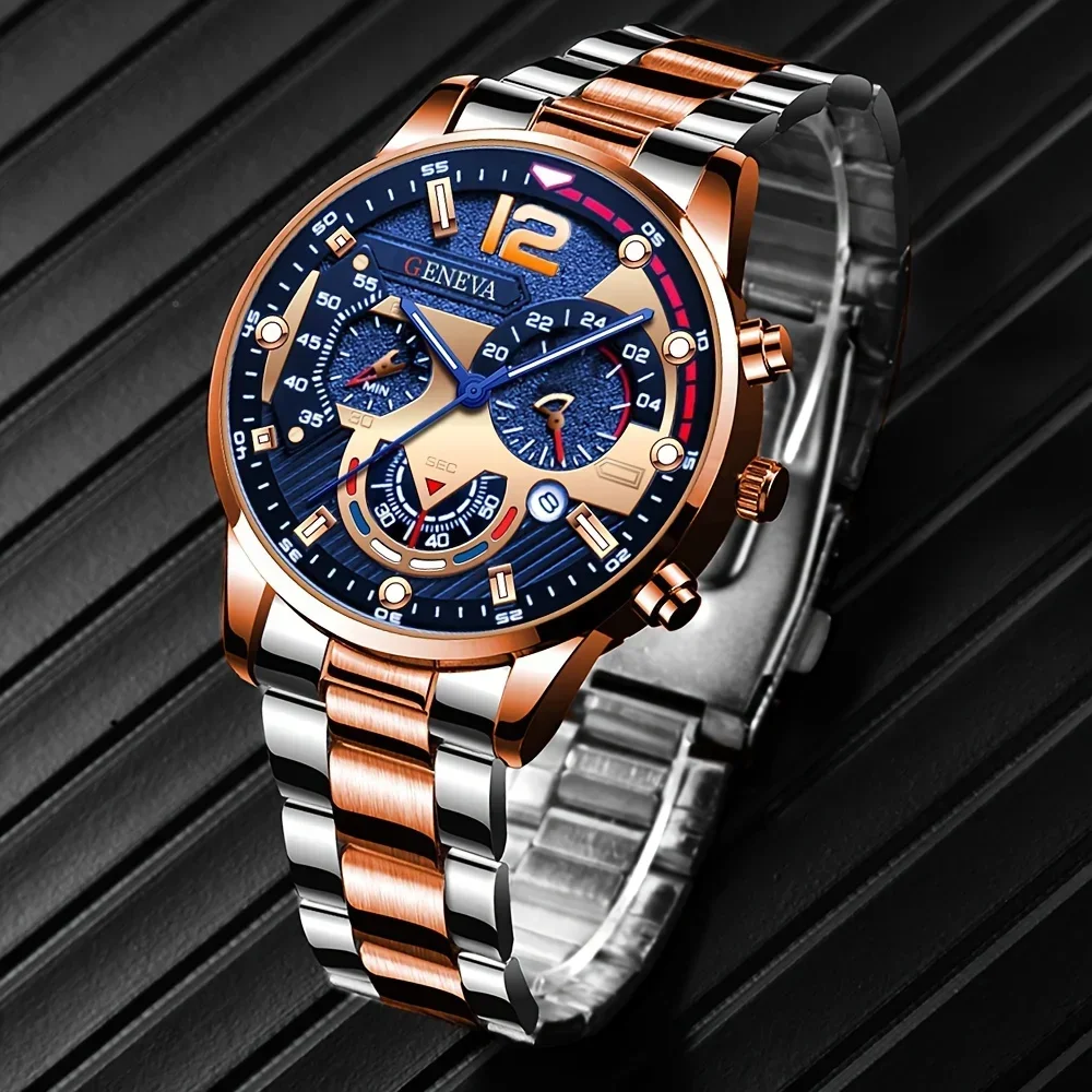 Fashion Men's Business Calendar Stainless Steel Quartz Wristwatch & Bracelet Set