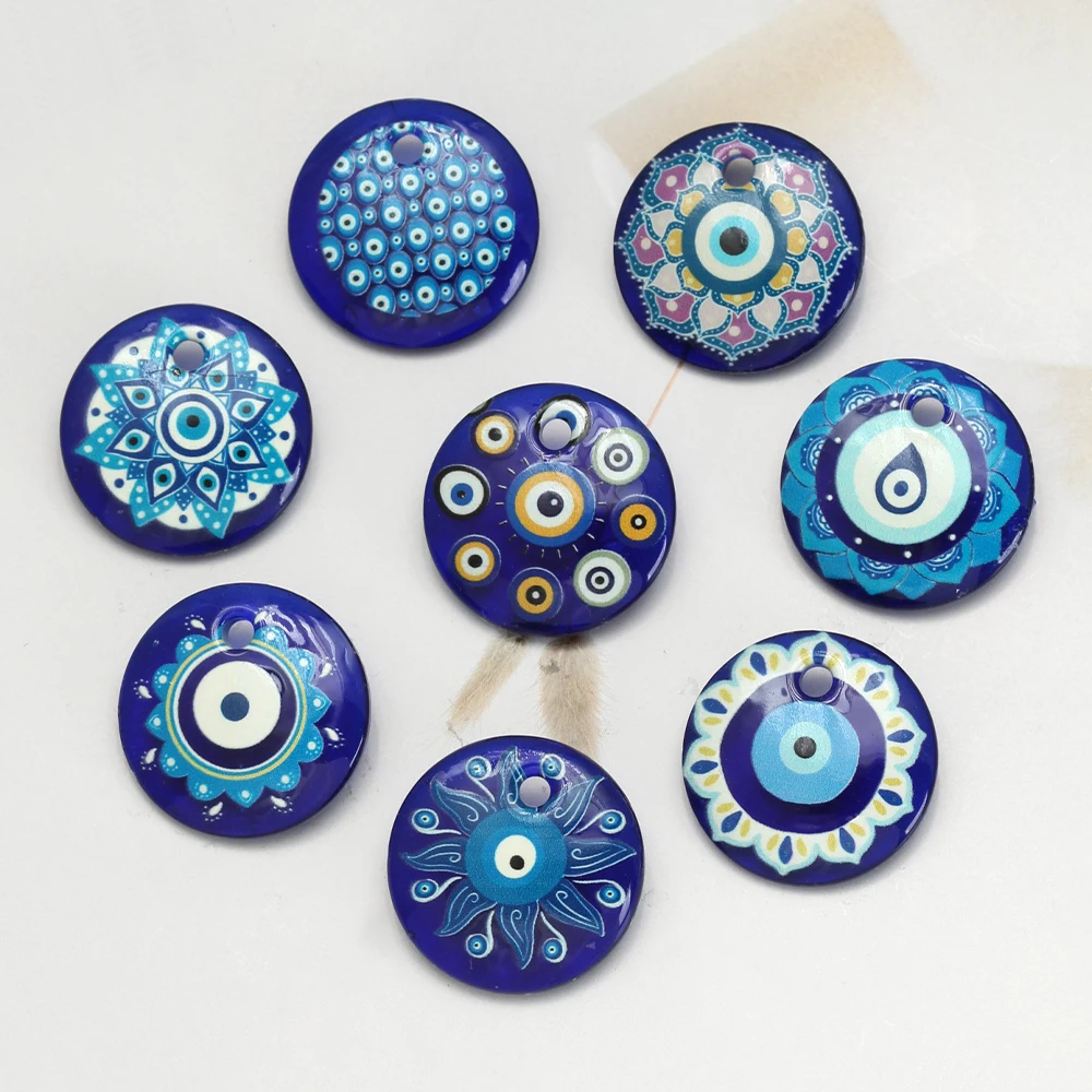 Lucky Eye Flower Pattern Charm Pendant Glass Turkish Evil Eye Pendant Charm for Jewelry Making DIY Keychain Necklace Accessories