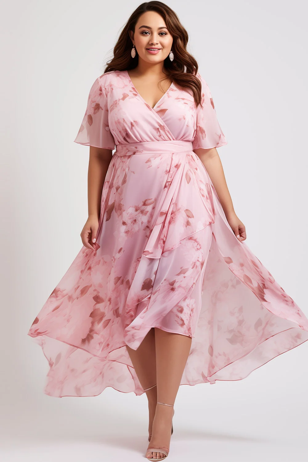 Flycurvy Plus Size Vacation Pink Chiffon Floral Print Wrap Slit Maxi Dress