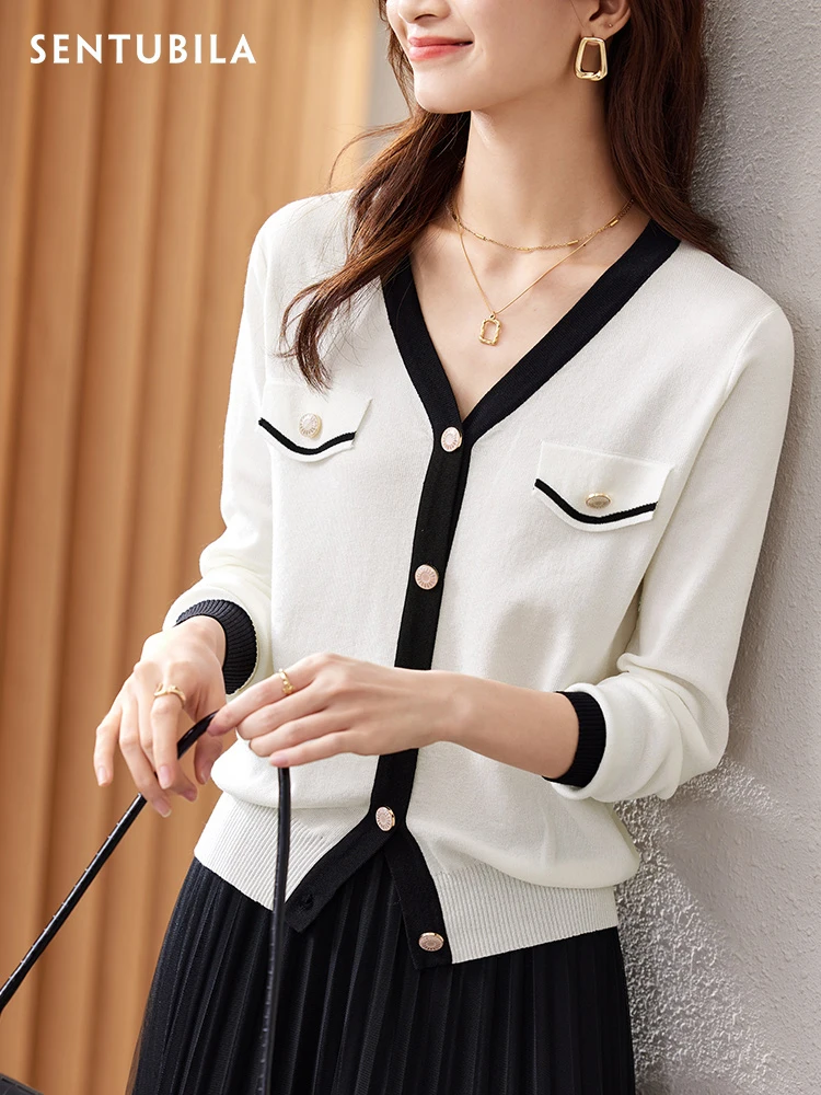 SENTUBILA White Cardigan for Women Knitwear 2024 Autumn Fall Sweaters Elegant Contrast V Neck Loose Fit Long Sleeve Knitted Tops