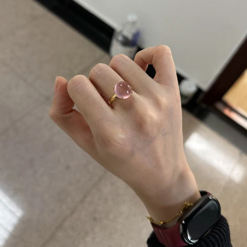 Simple fresh transparent light pink rings for women Romantic and high-quality natural chalcedony round ring party jewelry gift