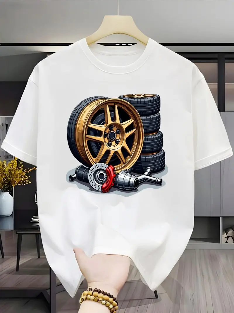 Car Wheel Brake Parts Pile Men's Casual Crew Neck Short-Sleeve T-Shirt, Outdoor Breathable Printed Micro-Stretch Easy-Care Top