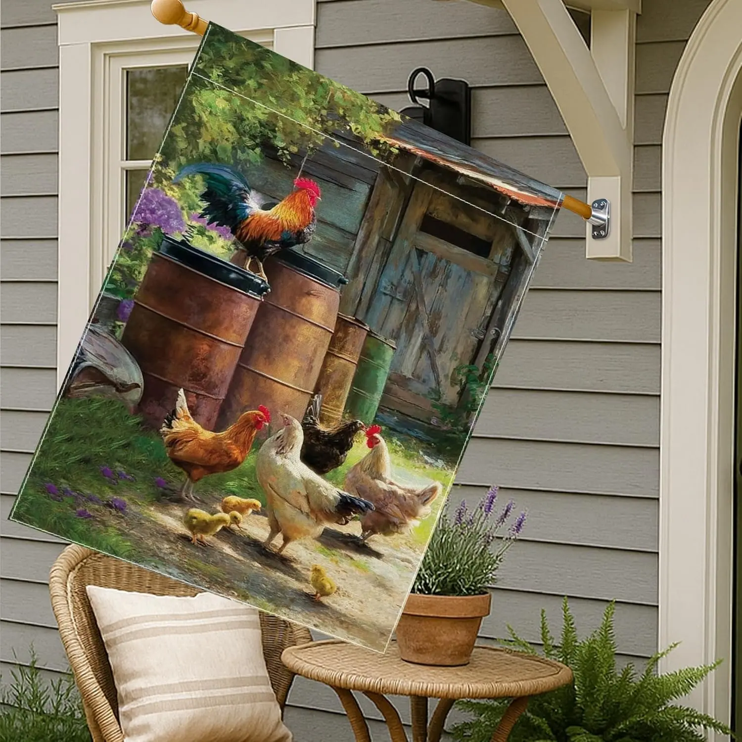 Rooster House Flag, Rustic Countryside Chickens Barrels Spring Brown Burlap Double Sided Outside Large Garden Flag for Outdo ZZM