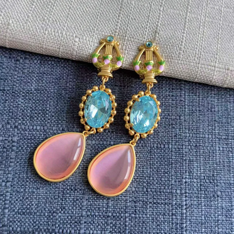 Fashion Jewerly Ciner Artistic Monet Garden Earrings with Blue Rhinestones and Pink Cat's Eye, Stud and Clip-On Optional