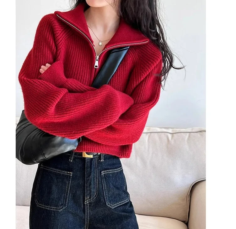 

Red High Waist Short Knitted Sweater Women's Loose Outerwear Autumn Winter New Style