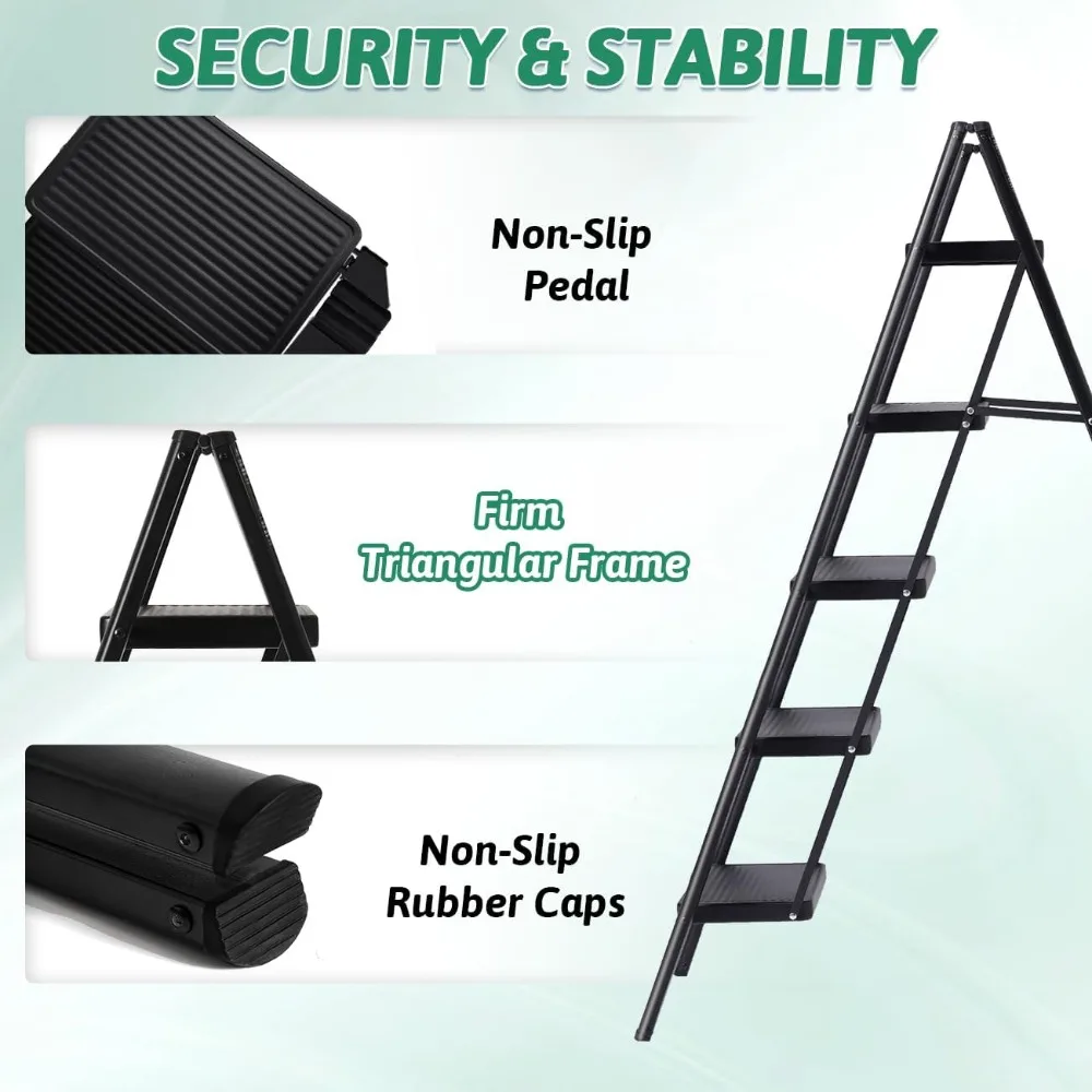 Escalera plegable de 5 escalones - OOSOFITT Escalera resistente de capacidad de 330 lb para uso doméstico e en interiores, ideal para cocina y armario A