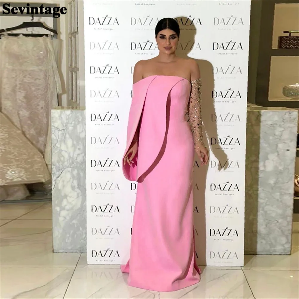 

Sevintage Elegant Pink Satin Prom Dresses Mermaid Strapless One Cape Sleeve Floor Length Formal Evening Dresses Women Party Gown