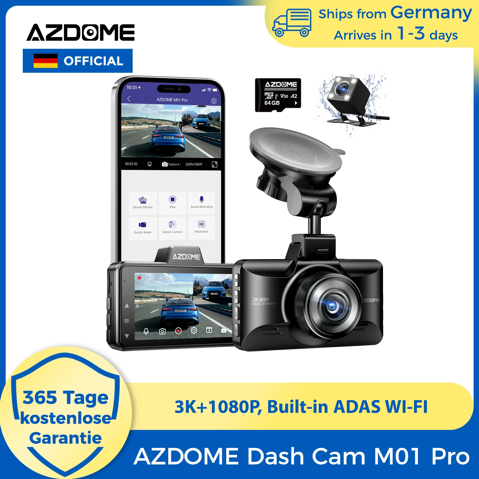 【DE Lager】AZDOME 4K Dashcam M01 Pro 3-Zoll-Bildschirm Front- und Rückkamera für Auto mit integriertem ADAS G-Sensor Auto-DVR 24H Parkmodus