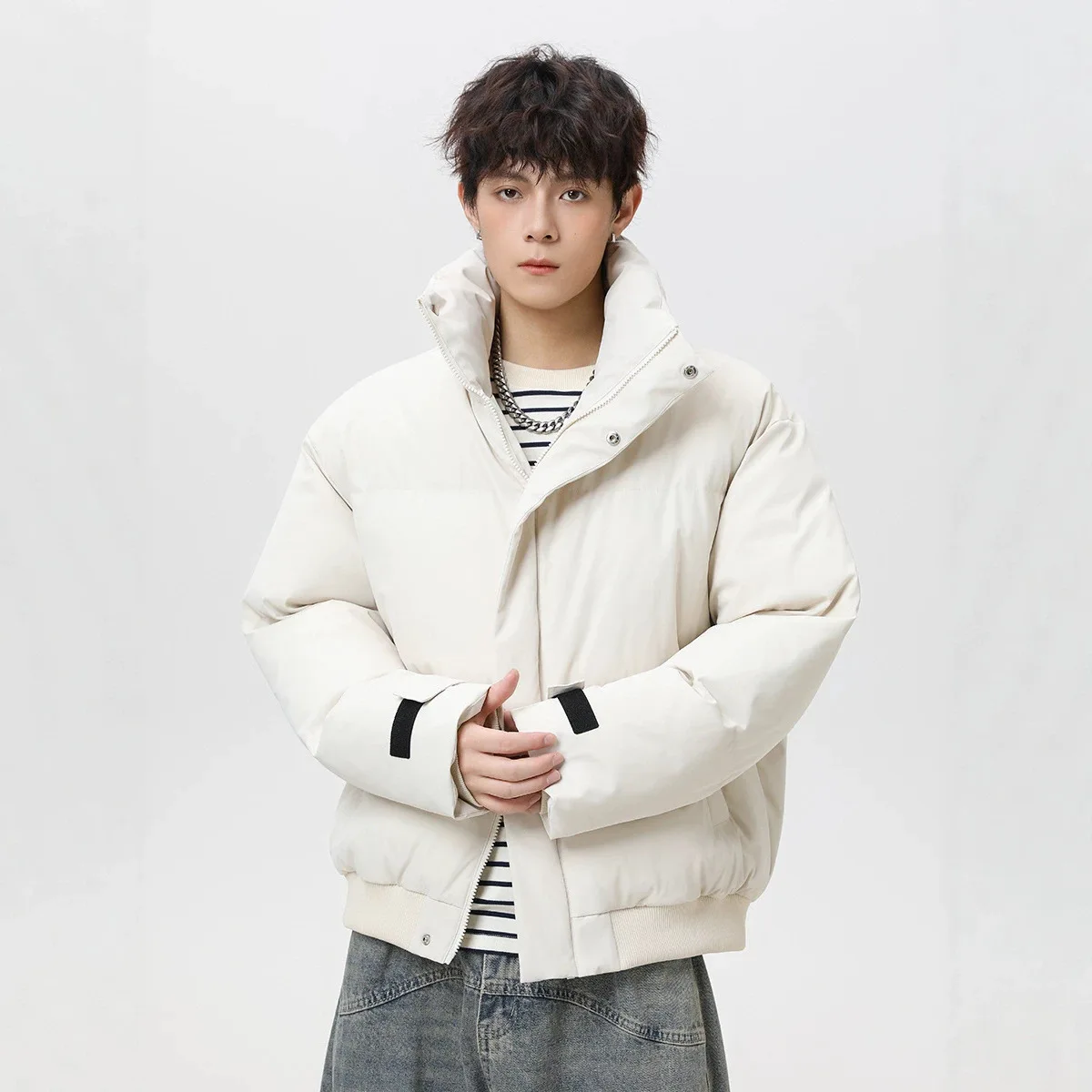 Waterproof Windproof Padded Jacket Mens Stand Collar Quilted Coat Zip Up High Street Contrast Cuffs Plus Size Big Outerwear Coat