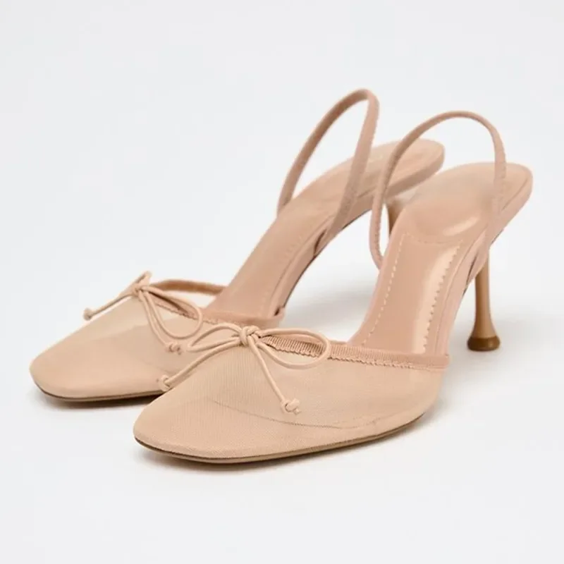 

Mesh Bow Designer Shoes for Women Comfortable Thin Heeled Pumps Elegant Slingbacks Woman Wedding Dress High Heels