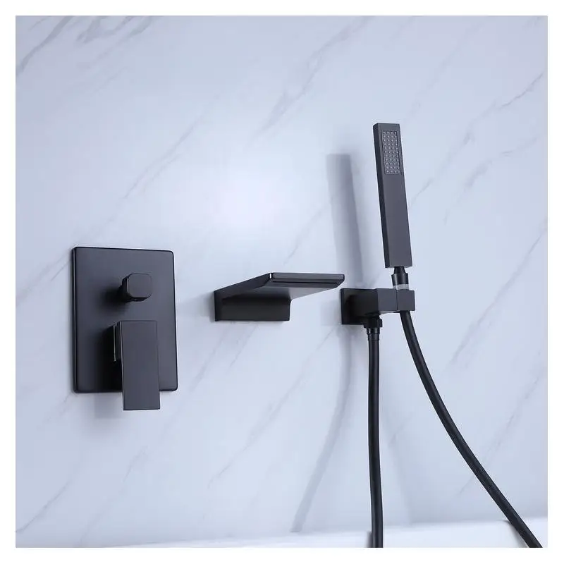매트 블랙 벽걸이 욕조 수전 (핸드헬드 샤워 포함), 황동 재질, 고유량 폭포형 스파우트 (욕조용)