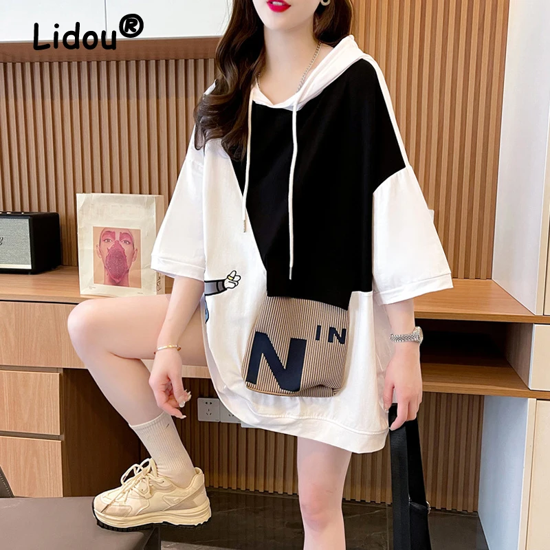 

Футболка женская оверсайз с капюшоном, забавная Милая уличная одежда с мультяшным принтом, модная туника с коротким рукавом, в Корейском стиле, Y2K, на лето