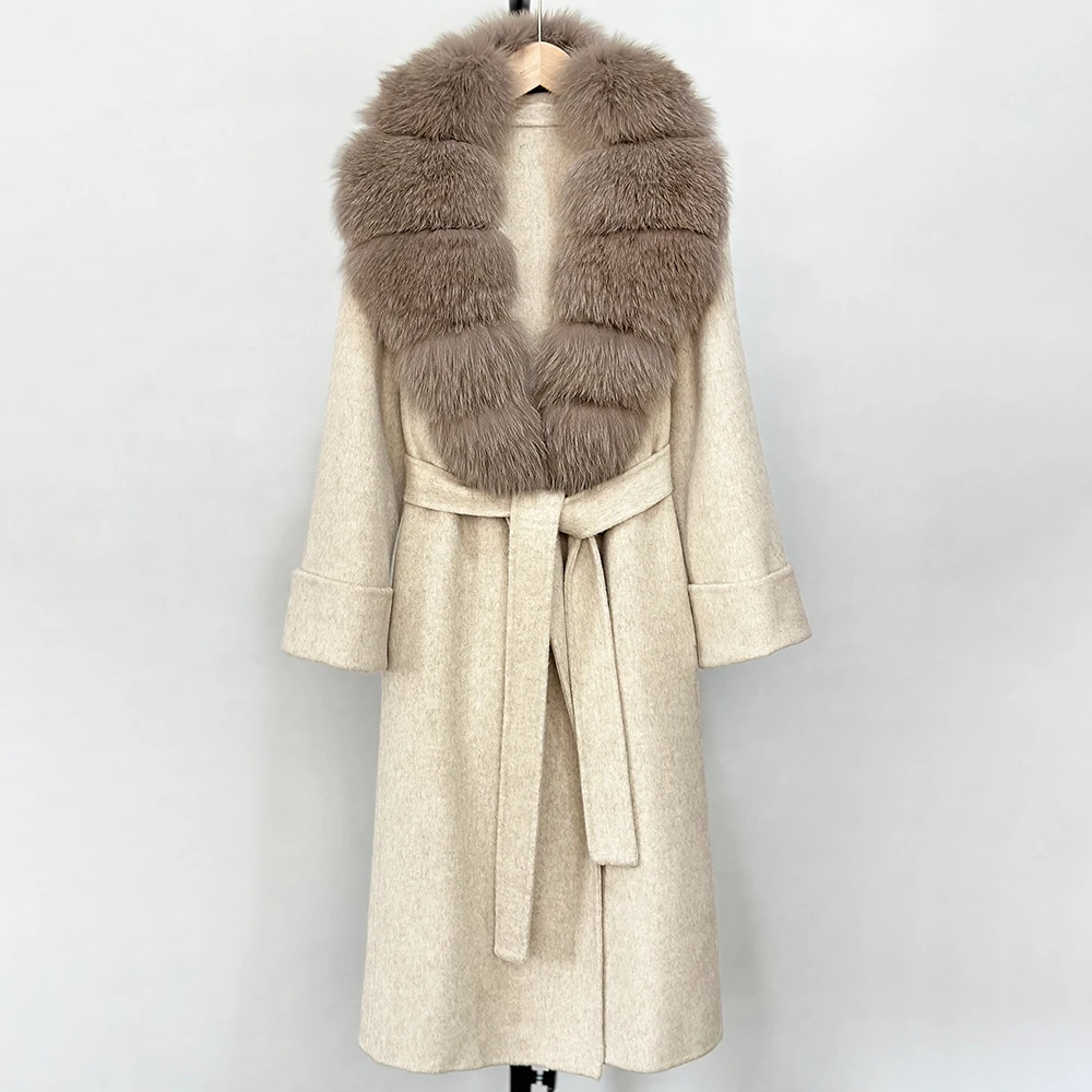 

2025 New Cashmere Wool Jacket Female New Autumn Wool Blend Coat Women Woolen Coat Warm Real Fox Fur Collar Winter Double-sided